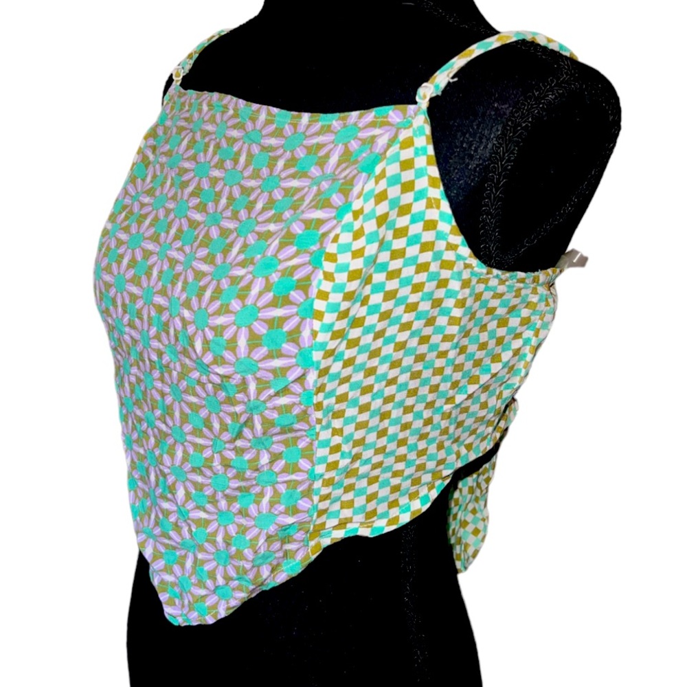 Hanky Hem Spaghetti Strap Cropped Camisole Top, Size Large, NWT, Teal Muticolor